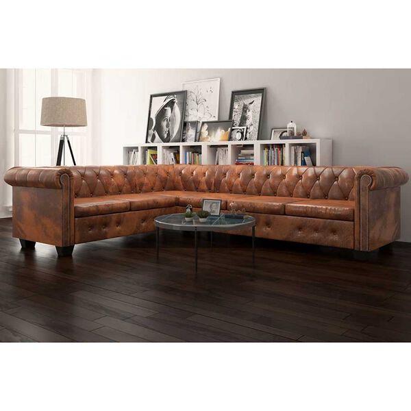 vidaXL Chesterfield kampinė &scaron;e&scaron;iavietė sofa, dirbtinė oda, ruda