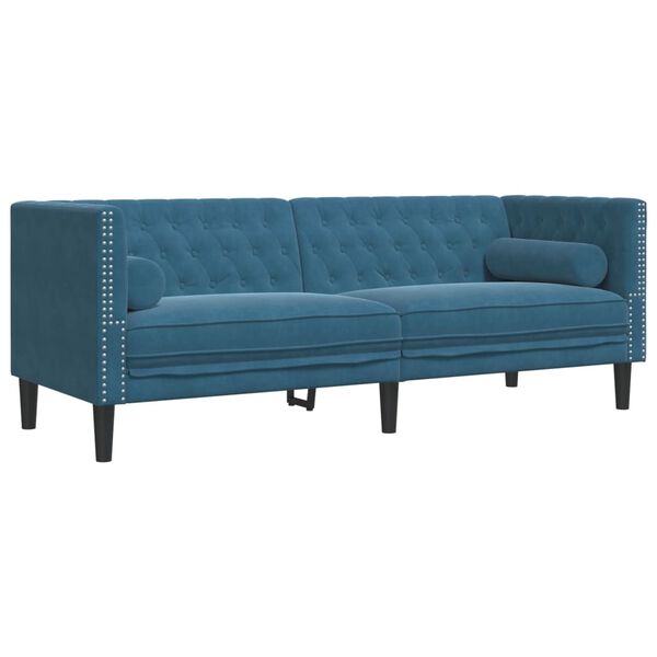 vidaXL Dvivietė chesterfield sofa su pagalvėlėmis, mėlyna, aksomas