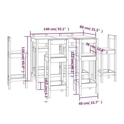 vidaXL Baro baldų komplektas, 7 dalių, pušies medienos masyvas