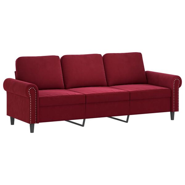 vidaXL Trivietė sofa su pagalvėmis, raudonojo vyno, 180cm, aksomas