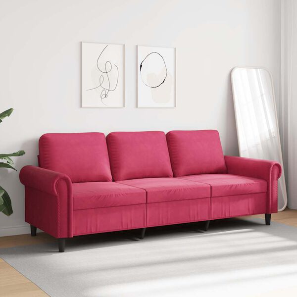 vidaXL Trivietė sofa, raudonojo vyno spalvos, 180cm, aksomas