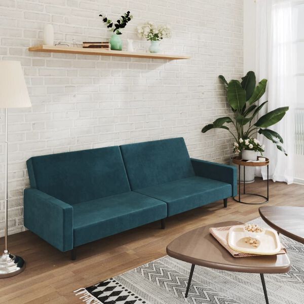 vidaXL Dvivietė sofa-lova, mėlynos spalvos, aksomas