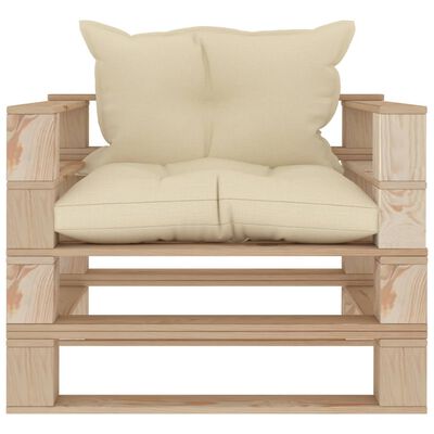 vidaXL Sodo sofa iš palečių su kreminėmis pagalvėlėmis, mediena