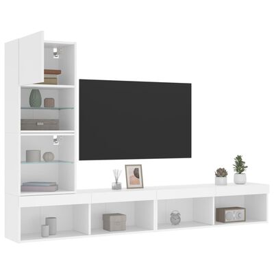 vidaXL Sieninė TV sekcija su LED, 4 dalių, balta, apdirbta mediena