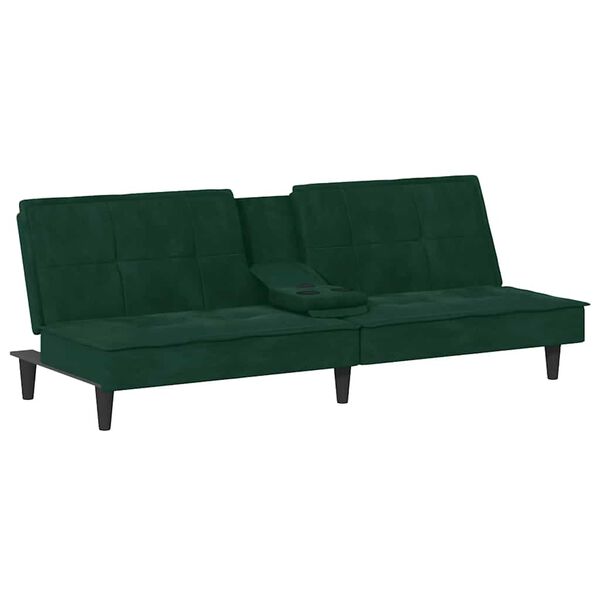 vidaXL Sofa-lova su puodelių laikikliais, tamsiai žalia, aksomas