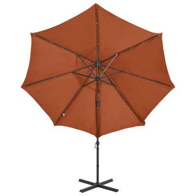 vidaXL Gembinis skėtis su stulpu ir LED lemputėmis, terakota, 300cm