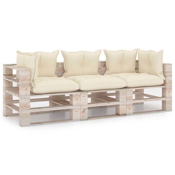 vidaXL Trivietė sodo sofa i&scaron; palečių su pagalvėlėmis, pu&scaron;ies mediena