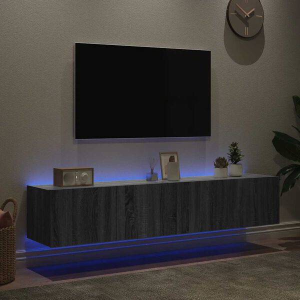 vidaXL Sieninės TV spintelės su LED, 2vnt., pilkos ąžuolo, 80x35x31cm
