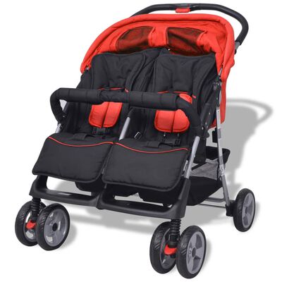 vidaXL Vaikiškas vežimėlis dvynukams, raudonas ir juodas, plienas
