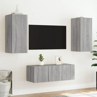 vidaXL Sieninė TV sekcija su LED, 4 dalių, pilka ąžuolo, mediena