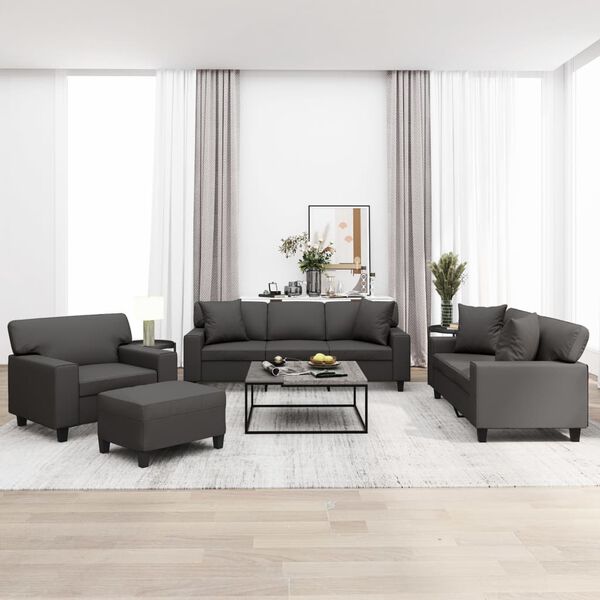 vidaXL Sofos komplektas su pagalvėmis, 4 dalių, pilkas, dirbtinė oda