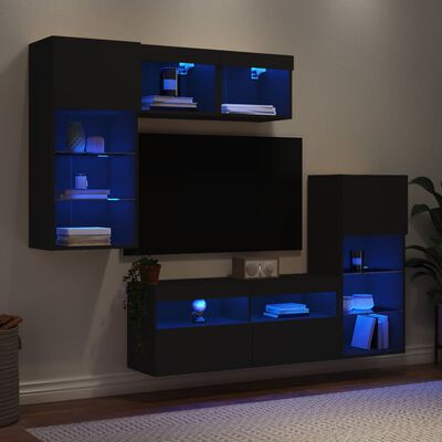 vidaXL Sieninė TV sekcija su LED, 5 dalių, juoda, apdirbta mediena