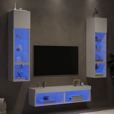 vidaXL Sieninė TV sekcija su LED, 6 dalių, balta, apdirbta mediena