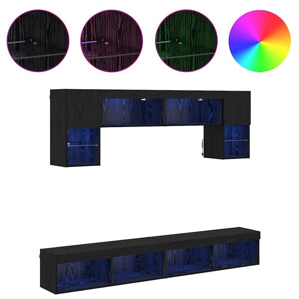 vidaXL Televizorių sieniniai baldai su LED 6 pcs Juodas ąžuolas