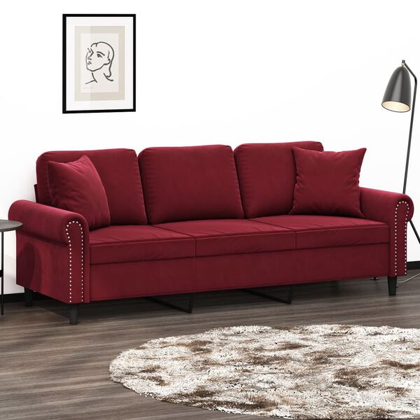 vidaXL Trivietė sofa su pagalvėmis, raudonojo vyno, 180cm, aksomas