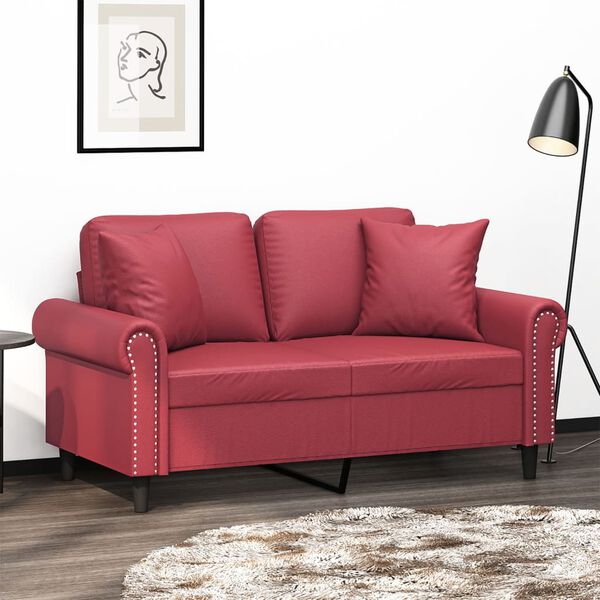 vidaXL Dvivietė sofa su pagalvėlėmis, vyno, 120cm, dirbtinė oda