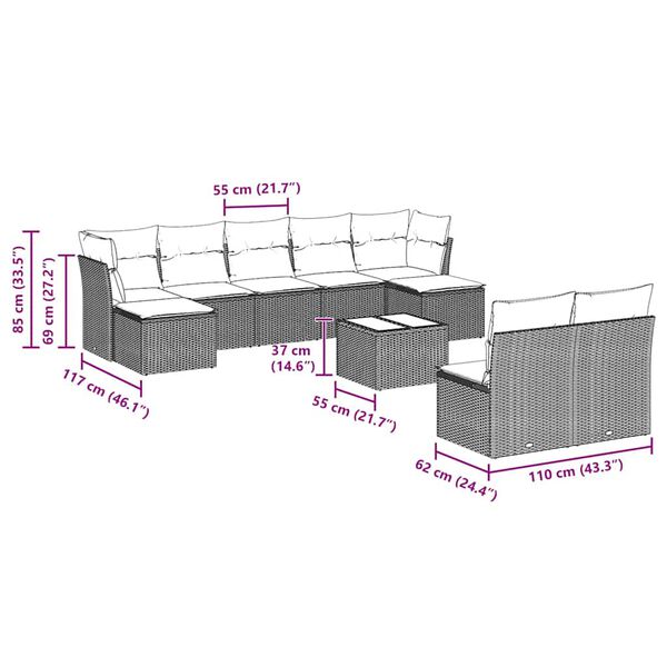 vidaXL Sodo komplektas su pagalvėlėmis, 10 dalių, pilkas, poliratanas