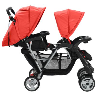vidaXL Vaikiškas dvivietis vežimėlis, plienas, raudonas/juodas