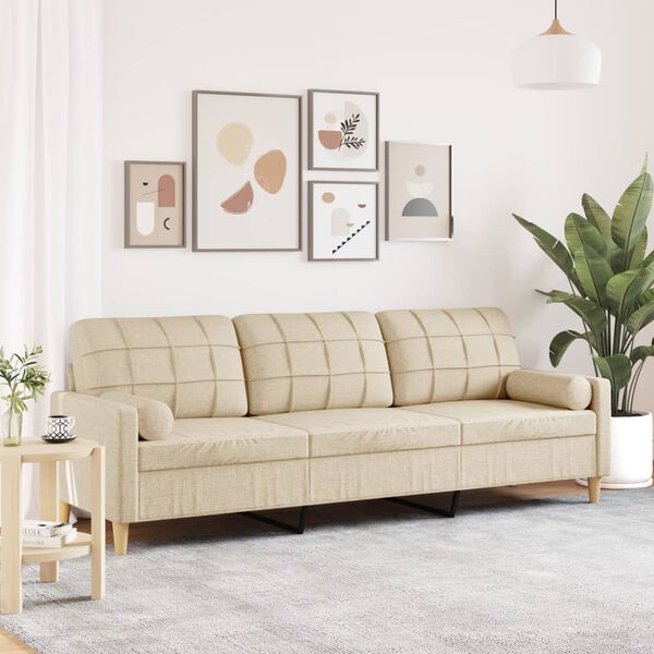 vidaXL Trivietė sofa su pagalvėlėmis, kreminės spalvos, 210cm, audinys