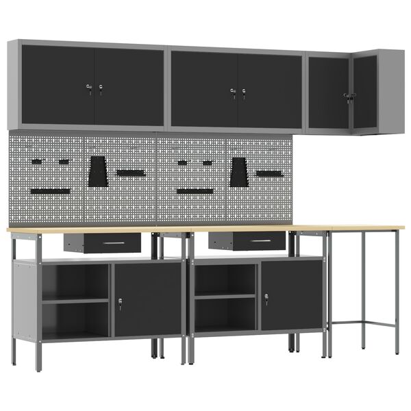 vidaXL Darbo spintos rinkinys su stalčių 10 pcs Juoda ir pilka