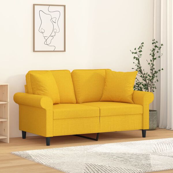 vidaXL Dvivietė sofa su pagalvėmis, &scaron;viesiai geltona, 120cm, audinys
