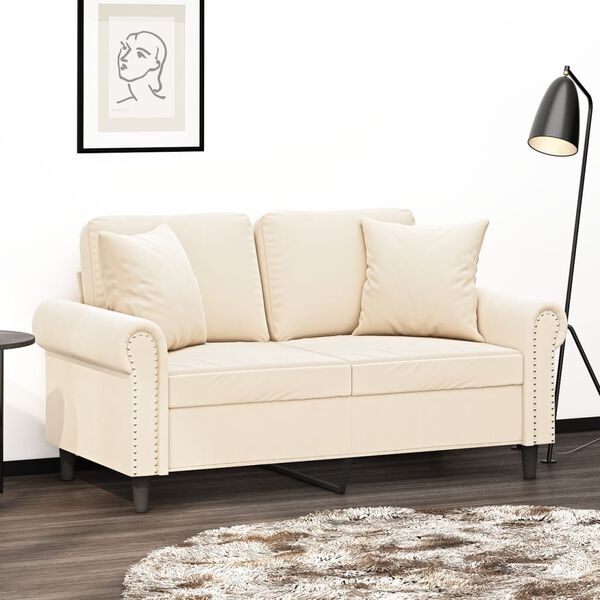 vidaXL Dvivietė sofa su pagalvėmis, kreminės spalvos, 120cm, aksomas
