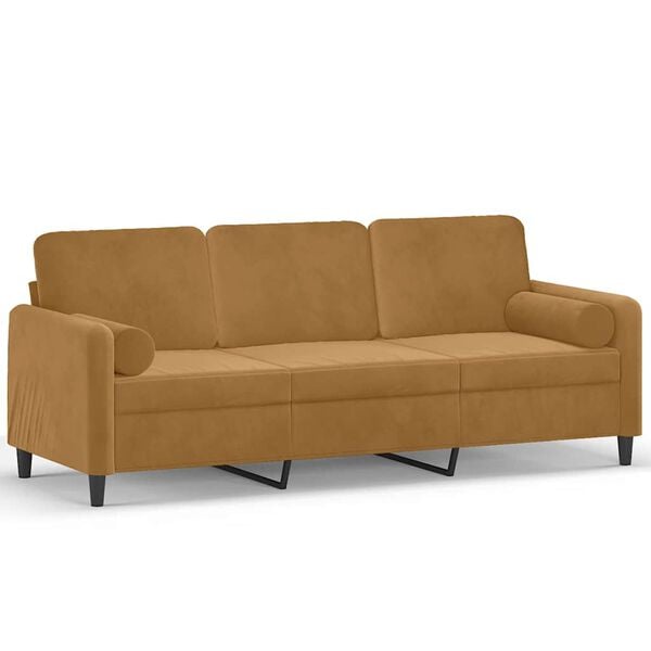 vidaXL Trivietė sofa su pagalvėlėmis, rudos spalvos, 180cm, aksomas