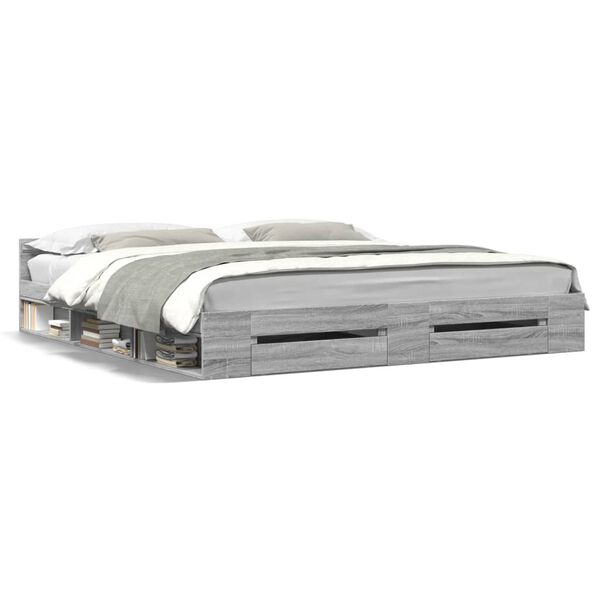 vidaXL Lovos rėmas su stalčiais, pilkas ąžuolo, 200x200cm, mediena