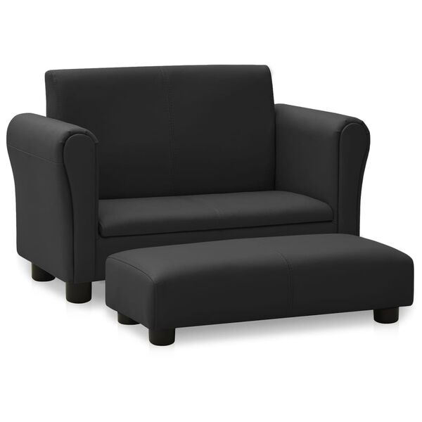 vidaXL Vaiki&scaron;ka sofa su taburete, juoda, dirbtinė oda
