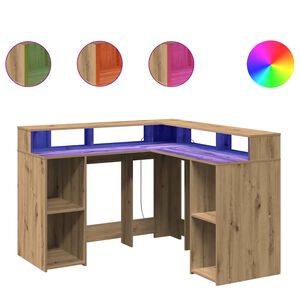 vidaXL Ra&scaron;omasis stalas su LED, artisano ąžuolo, 130x130x91cm, mediena