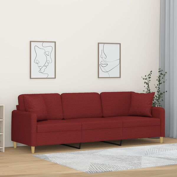 vidaXL Trivietė sofa su pagalvėmis, raudonojo vyno, 210cm, audinys