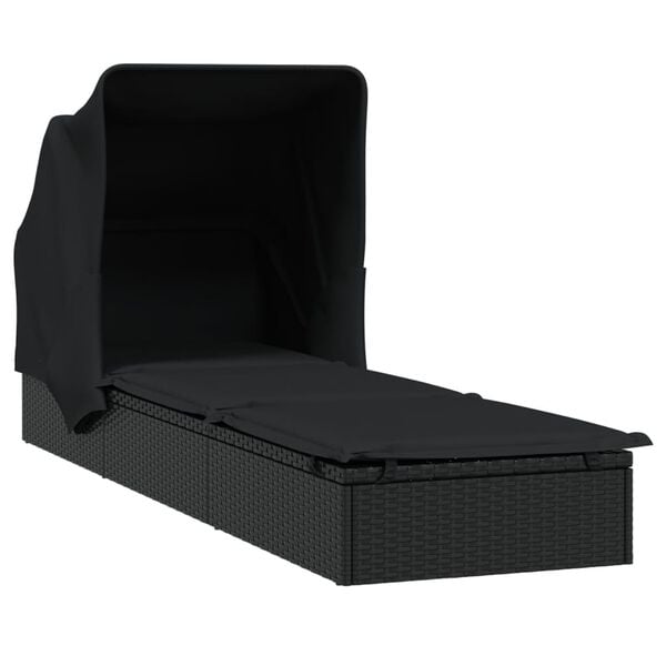 vidaXL Saulės gultas su stogeliu, juodas, 213x63x97cm, poliratanas