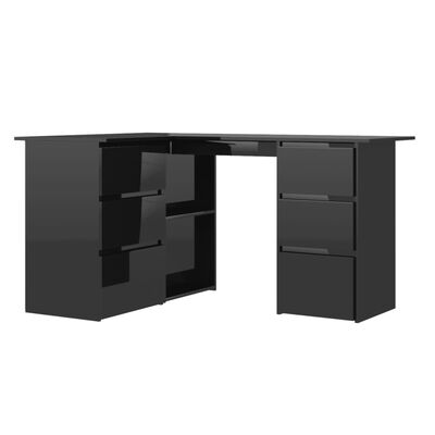 vidaXL Kampinis rašomasis stalas, juodas, 145x100x76cm, MDP, blizgus