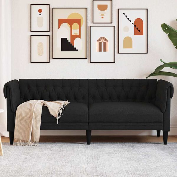 vidaXL Trivietė chesterfield sofa, juodos spalvos, audinys
