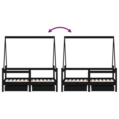 vidaXL Vaikiškos lovos rėmas su stalčiais, juodas, 70x140cm, pušis