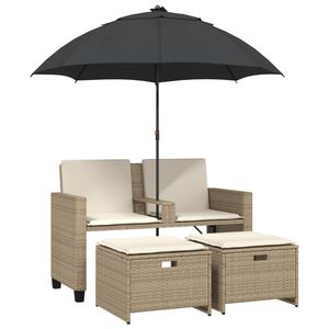 vidaXL Dvivietė sodo sofa su skėčiu/taburetėmis, smėlio, poliratanas