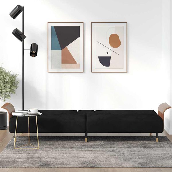 vidaXL Sofa-lova su puodelių laikikliais, juodos spalvos, aksomas