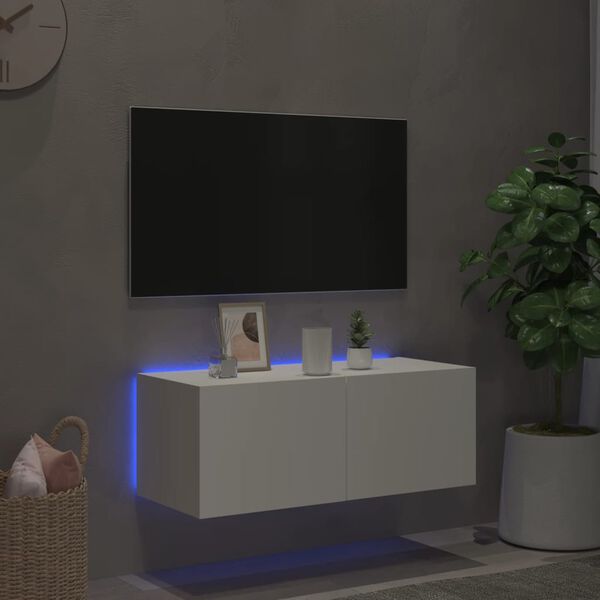 vidaXL Sieninė TV spintelė su LED lemputėmis, balta, 80x35x31cm