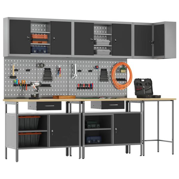 vidaXL Darbo spintos rinkinys su stalčių 10 pcs Juoda ir pilka