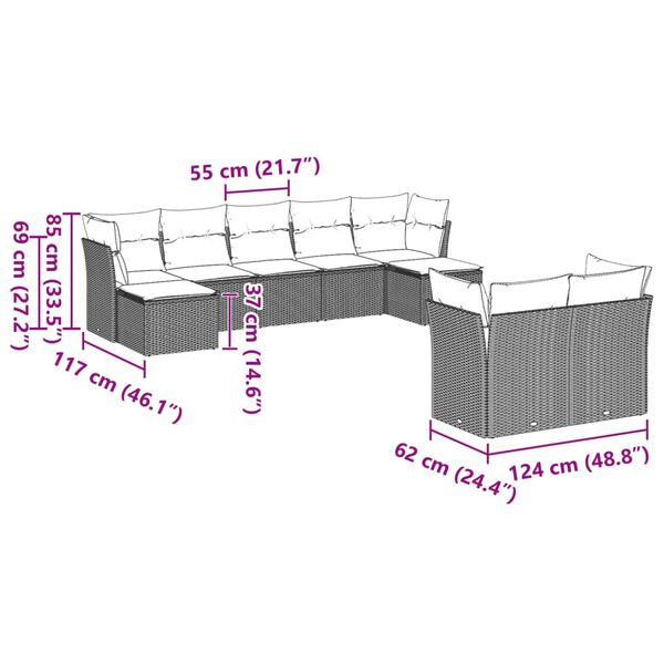 vidaXL Sofos komplektas su pagalvėlėmis, 9 dalių, pilkas, poliratanas