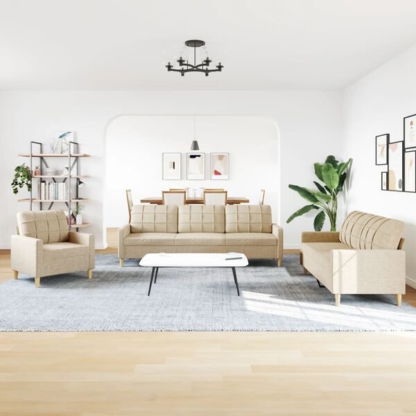 vidaXL Sofos komplektas, 3 dalių, kreminės spalvos, audinys