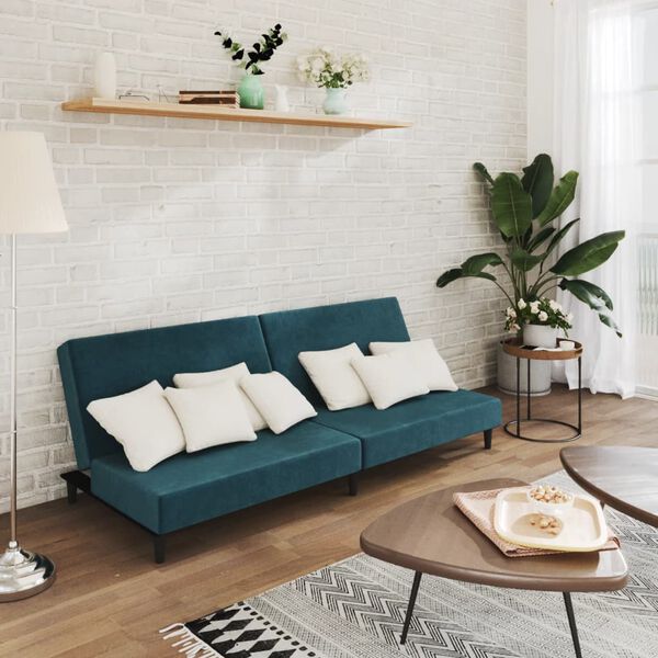 vidaXL Dvivietė sofa-lova, mėlynos spalvos, aksomas
