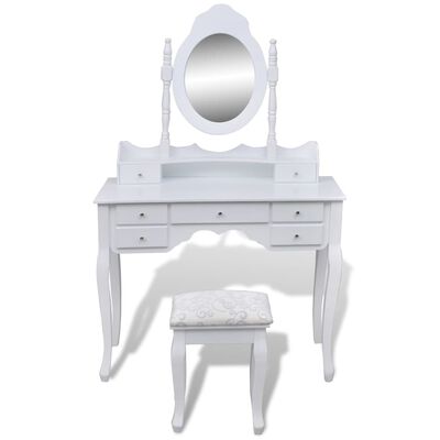 vidaXL Kosmetinis staliukas su veidrodžiu ir kėdute, 7 stalčiai, baltas