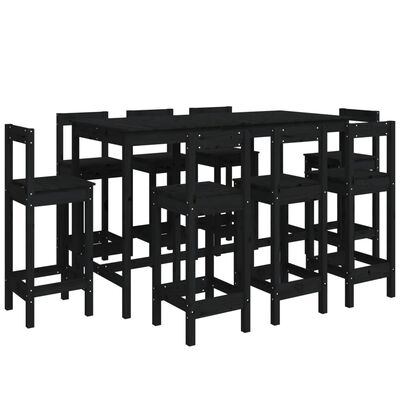 vidaXL Baro baldų komplektas, 9 dalių, juodas, pušies medienos masyvas