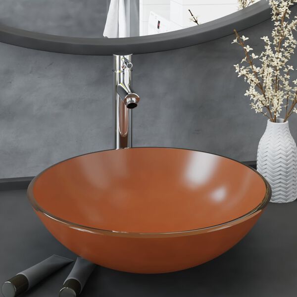 vidaXL Vonios praustuvas su maišytuvu ir vožtuvu, rudas, stiklas