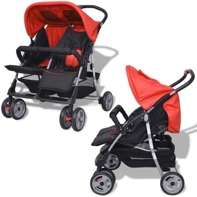 vidaXL Vaikiškas vežimėlis dvynukams, raudonas ir juodas, plienas