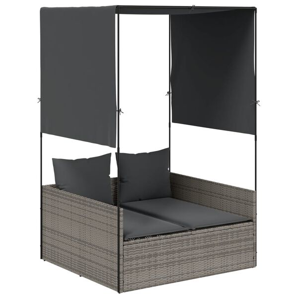 vidaXL Dvivietis saulės gultas su stogeliu ir užuolaidomis, pilkas