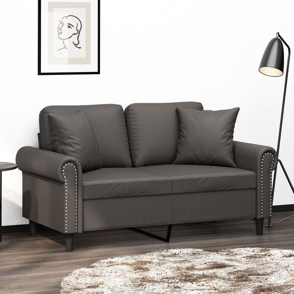 vidaXL Dvivietė sofa su pagalvėmis, pilka, 120cm, dirbtinė oda