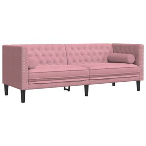 vidaXL Trivietė chesterfield sofa su pagalvėlėmis, rožinė, aksomas