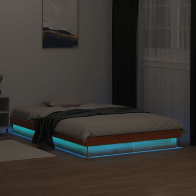 vidaXL LED lovos rėmas, vaško rudas, 140x200cm, pušies masyvas